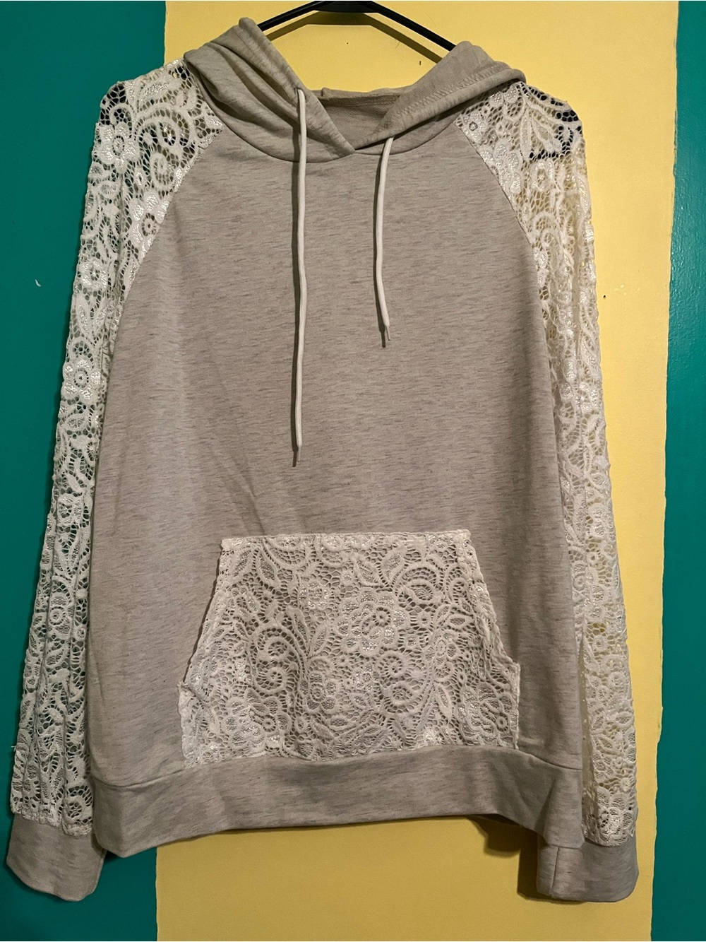 SHEIN Gray Hoodie with White Lace Sleeves